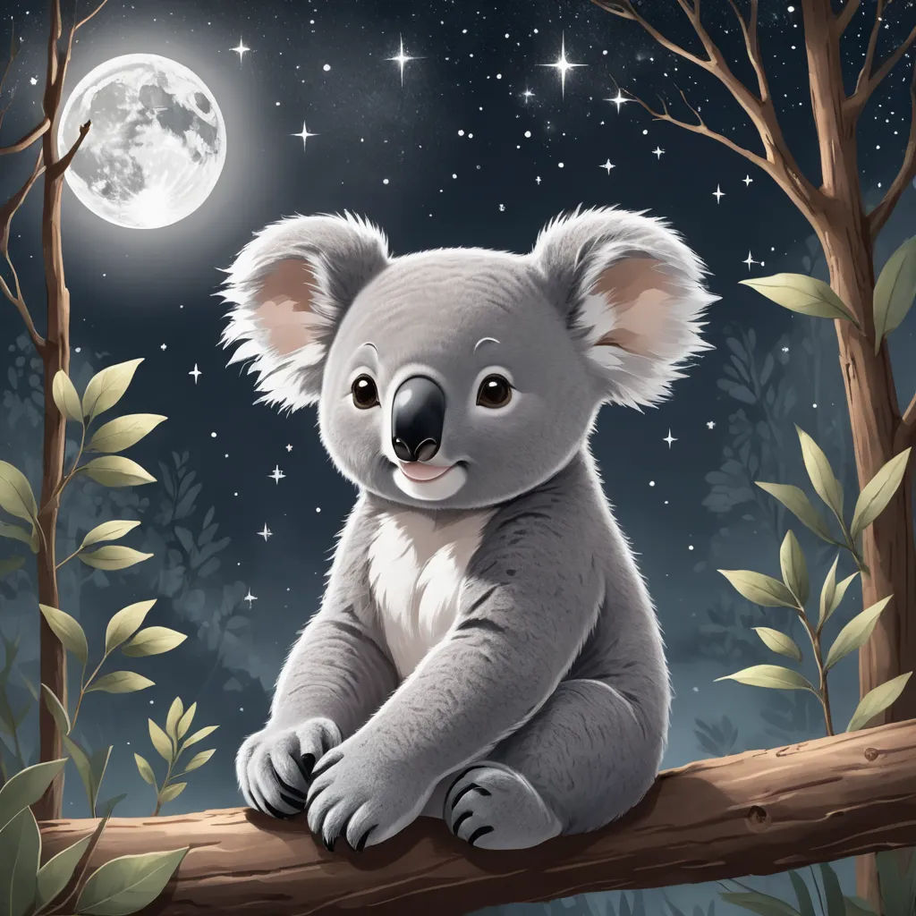a koala sitting on a tree branch with a full moon in the background and stars in the sky, fantasy art, a storybook illustration, Aloysius O'Kelly, storybook illustration