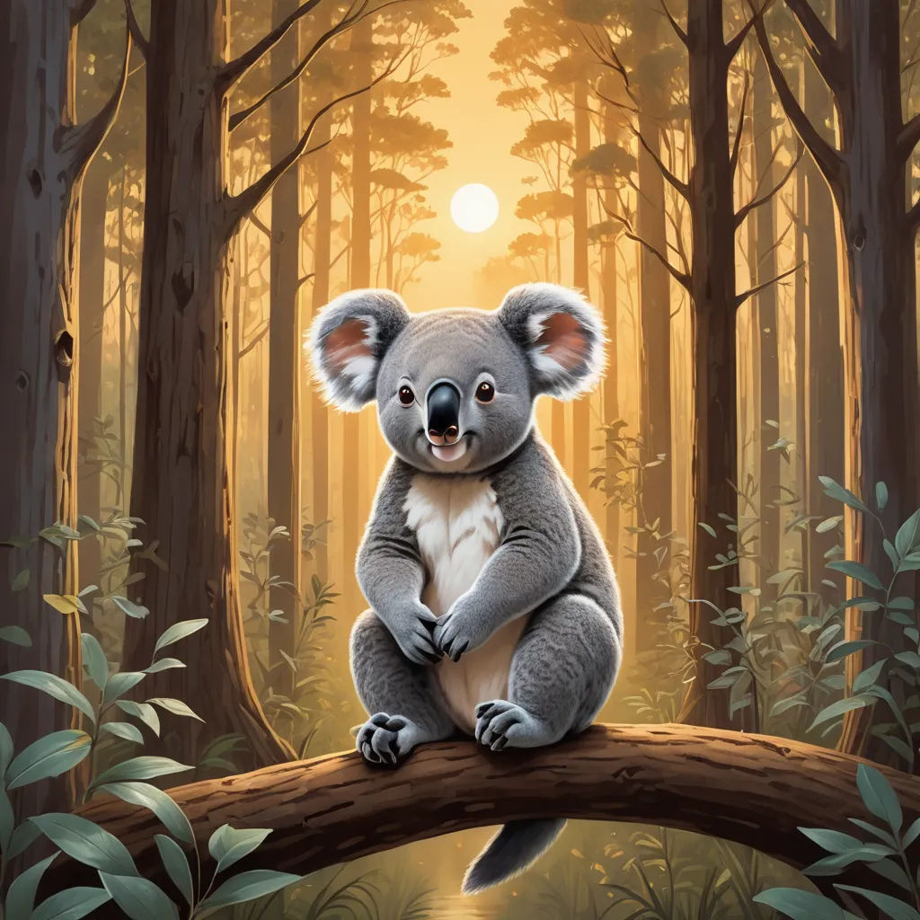 a koala sitting on a tree branch in a forest with a sun in the background and trees and water, fantasy art, a storybook illustration, Chris LaBrooy, storybook illustration