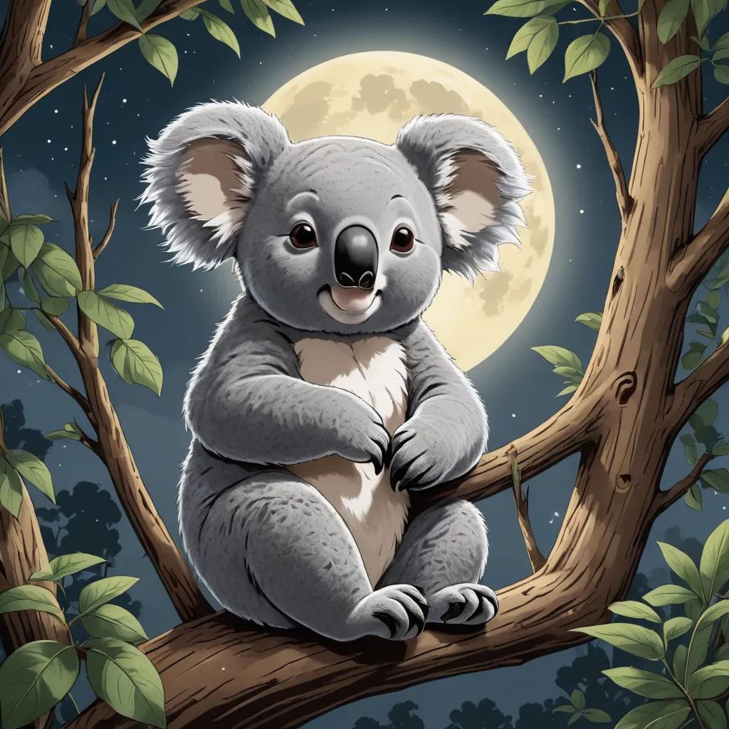 a koala sitting on a tree branch with a full moon in the background and leaves around it, with a full moon in the background, pop surrealism, a storybook illustration, Aloysius O'Kelly, storybook illustration