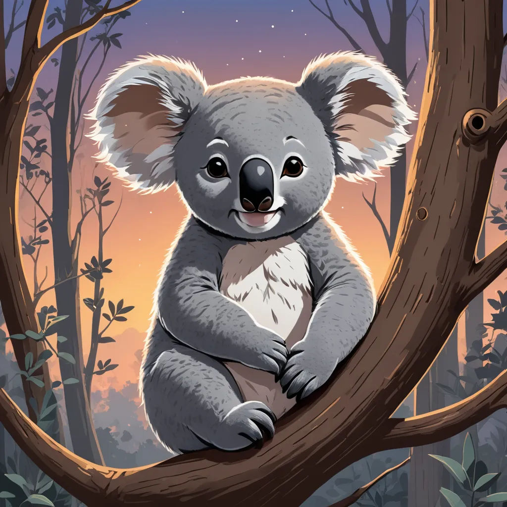 a koala bear sitting on a tree branch in a forest at night with the moon in the background, fantasy art, a storybook illustration, Chris LaBrooy, storybook illustration