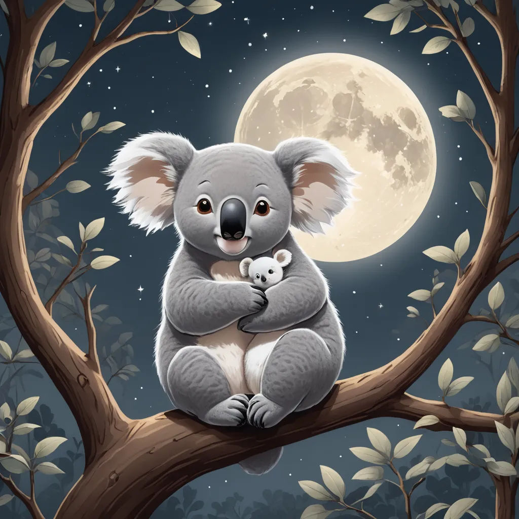 a koala bear holding a baby in a tree with a full moon in the background and leaves on the branches, gothic art, a storybook illustration, Aloysius O'Kelly, storybook illustration