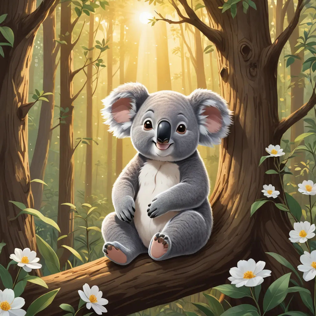 a koala sitting on a tree branch in a forest with daisies and daisies around it, with the sun shining through the trees, sots art, a storybook illustration, Aloysius O'Kelly, official art