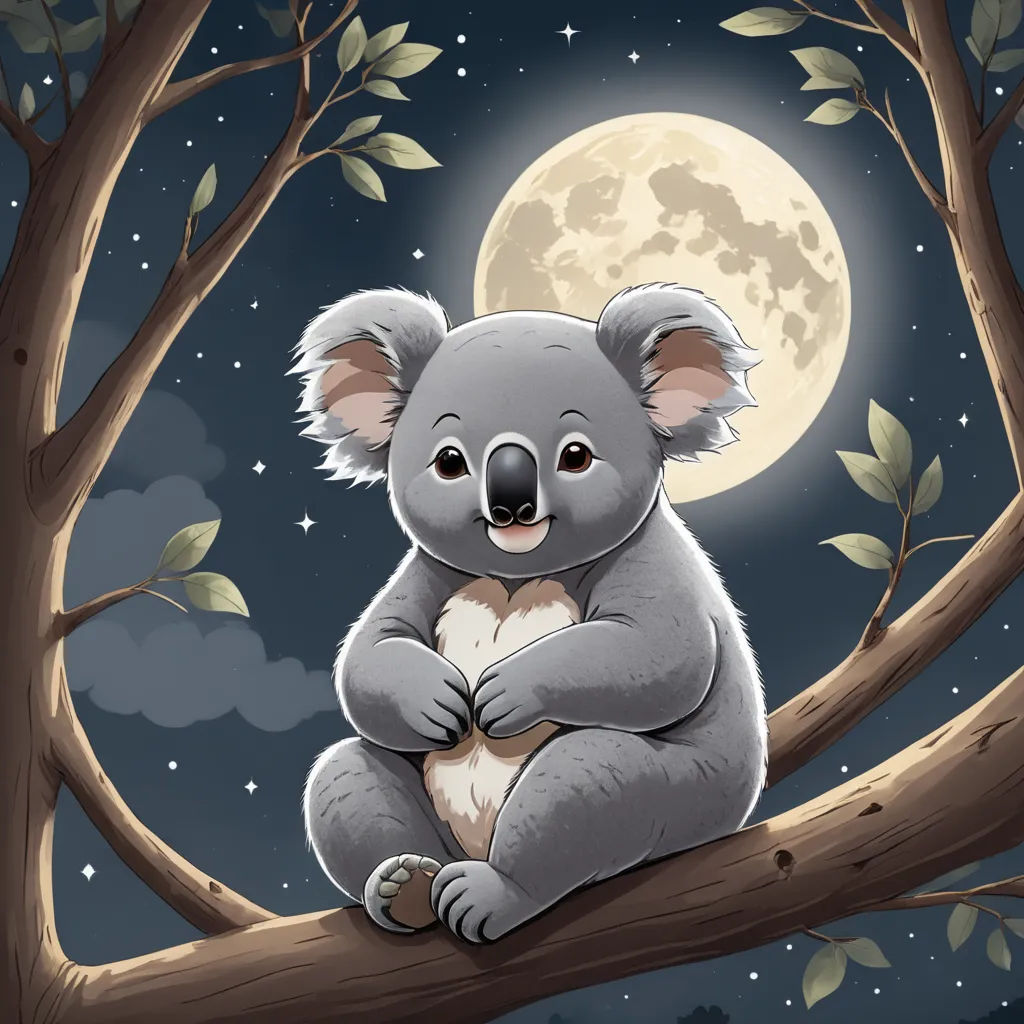 a koala sitting on a tree branch with a full moon in the background and stars in the sky, pop surrealism, a storybook illustration, Aloysius O'Kelly, storybook illustration