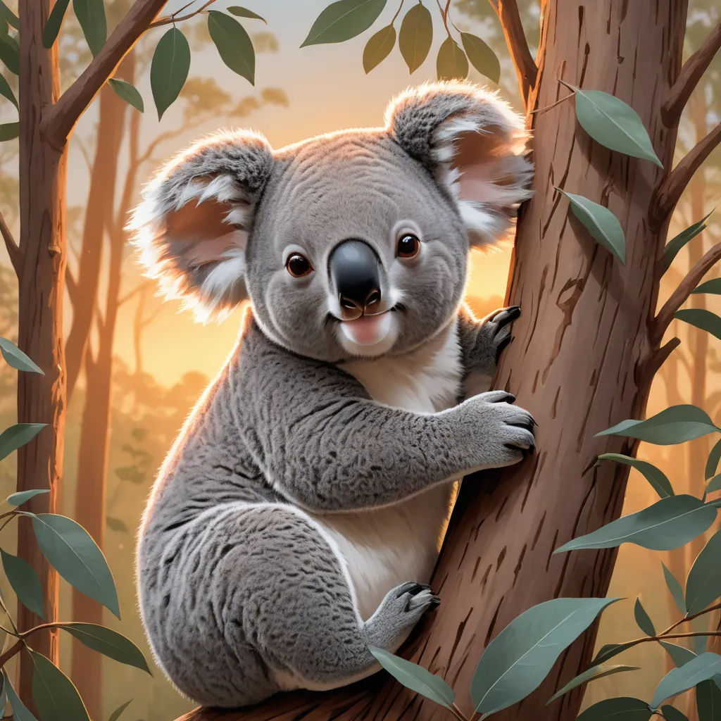 a koala bear sitting on a tree branch with leaves around it's neck and eyes open, with a sunset in the background, furry art, a digital painting, Chris LaBrooy, professional digital painting