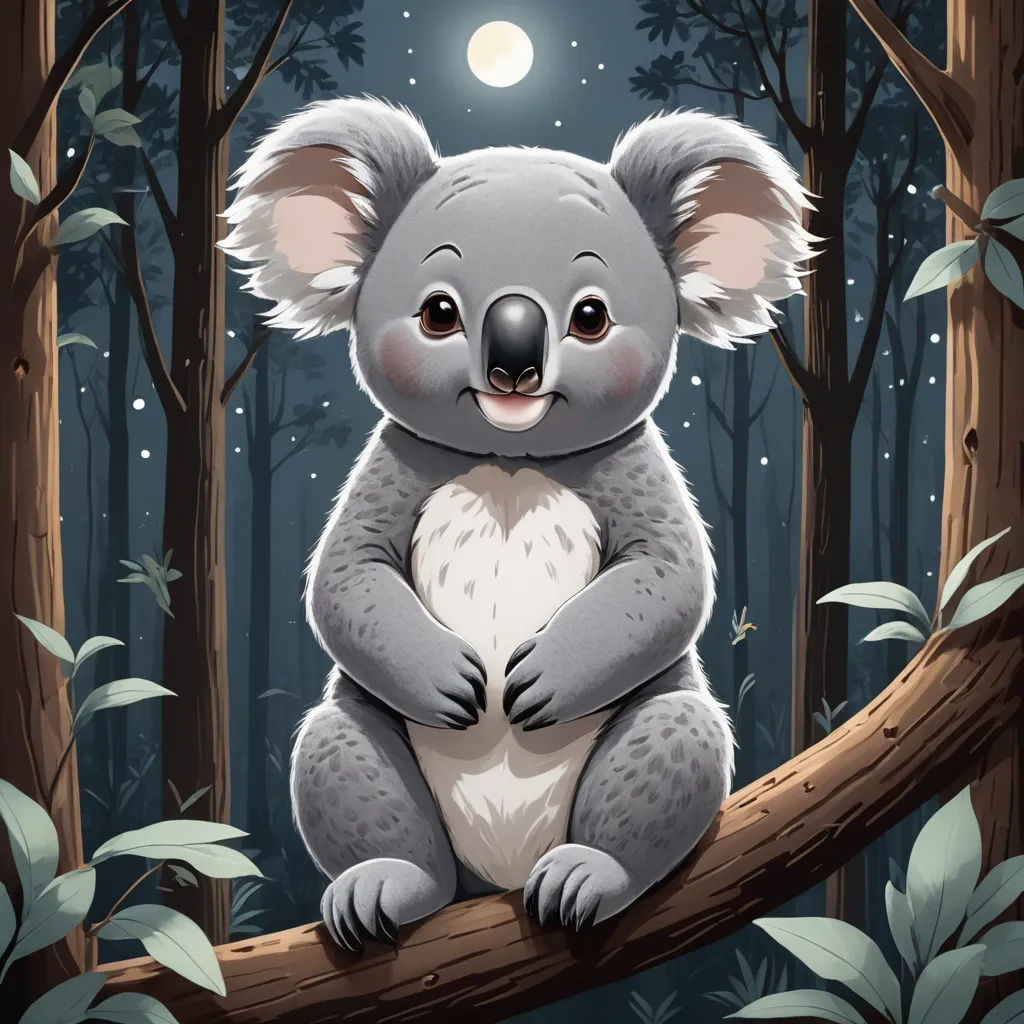a koala sitting on a tree branch in the forest at night with a full moon in the background, fantasy art, a storybook illustration, Aloysius O'Kelly, storybook illustration
