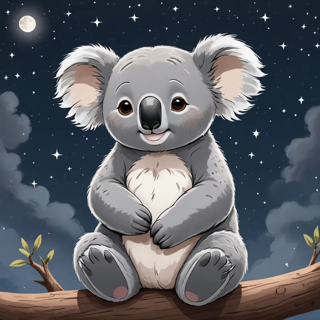 a koala sitting on a branch with stars in the sky behind it and a moon in the sky behind it, furry art, a storybook illustration, Aloysius O'Kelly, cute and funny