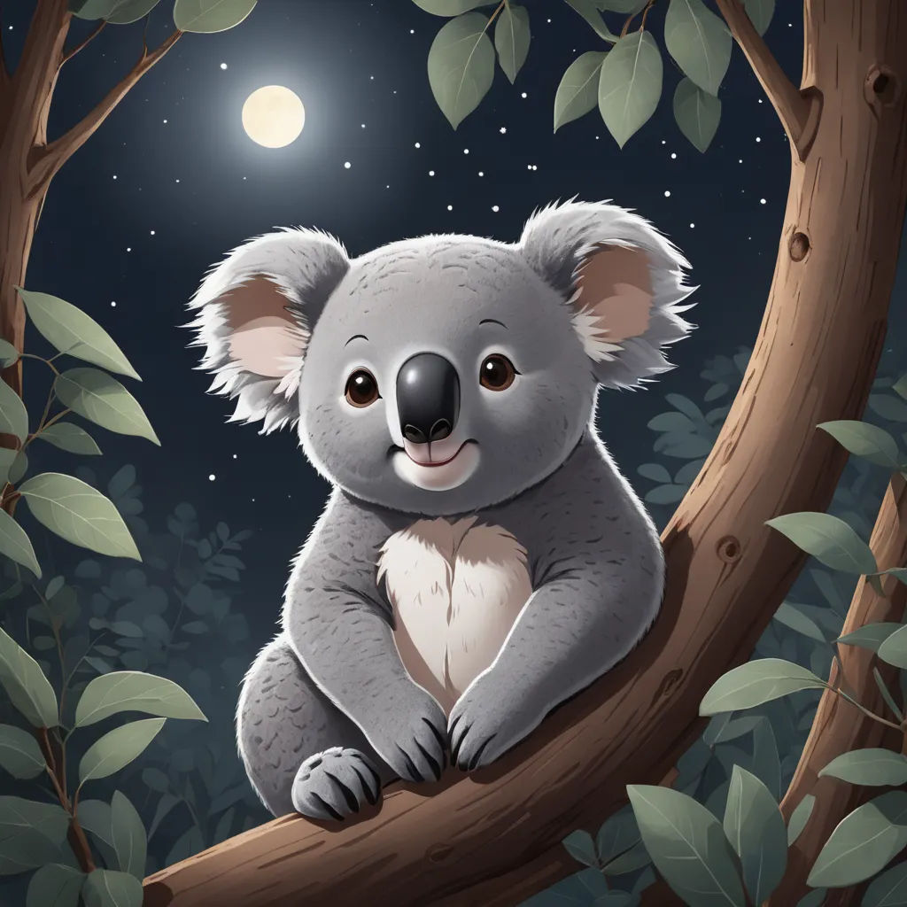 a koala sitting on a tree branch in the night time with a full moon in the background and leaves around it, fantasy art, a storybook illustration, Aloysius O'Kelly, storybook illustration