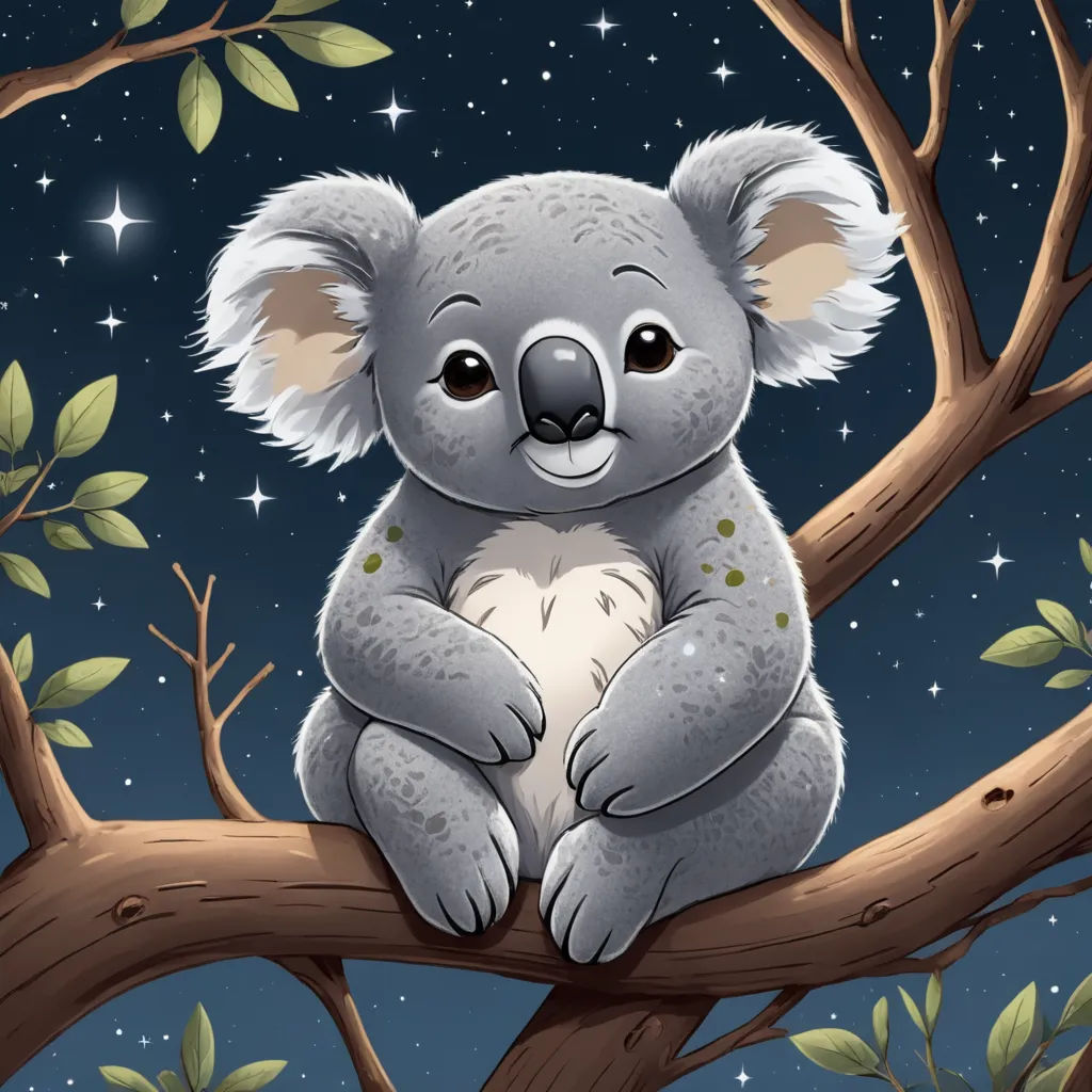a koala sitting on a tree branch with stars in the background and a night sky with stars in the background, fantasy art, a storybook illustration, Aloysius O'Kelly, storybook illustration