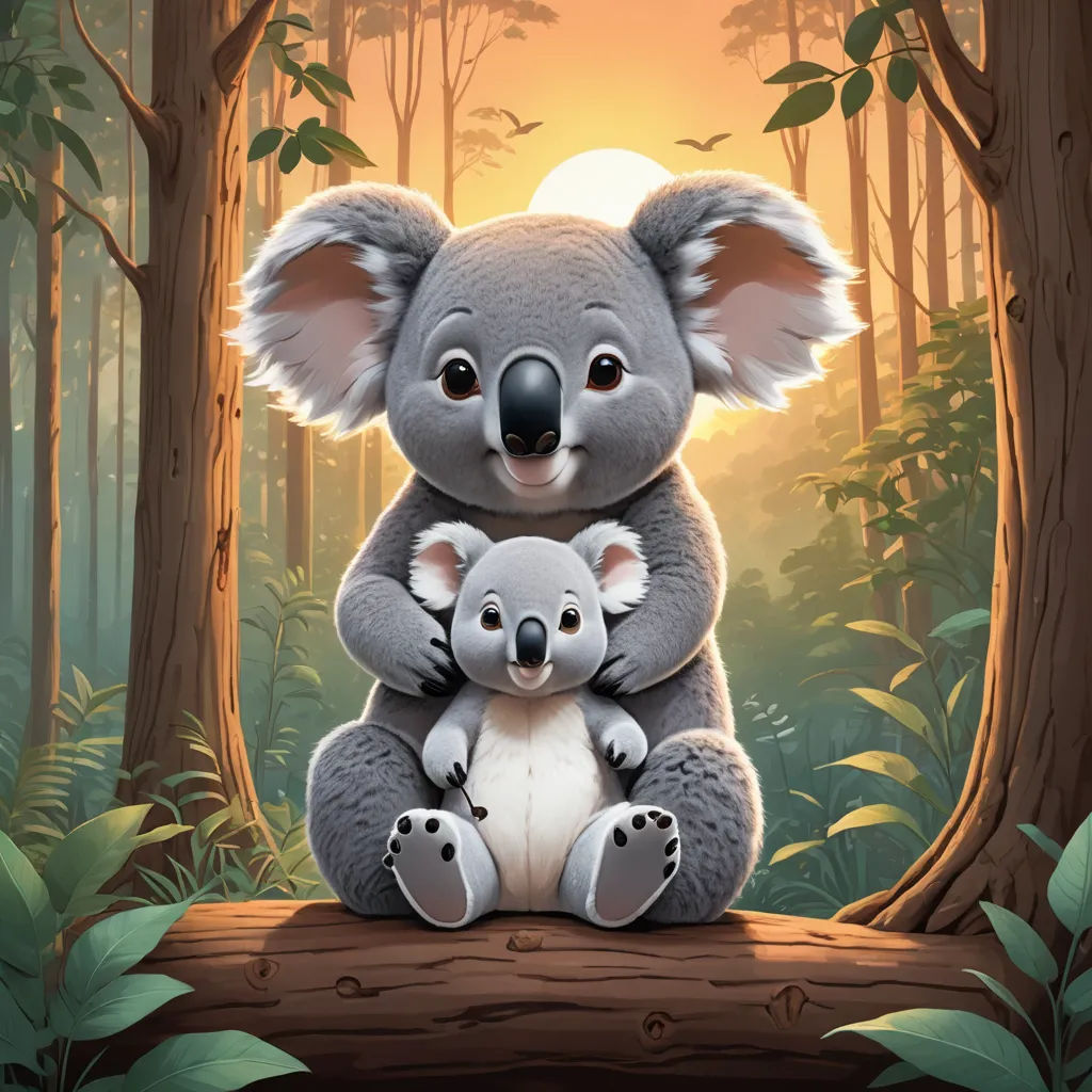 a koala and her baby sitting on a log in the forest at sunset with the sun shining through the trees, furry art, a storybook illustration, Aloysius O'Kelly, official art