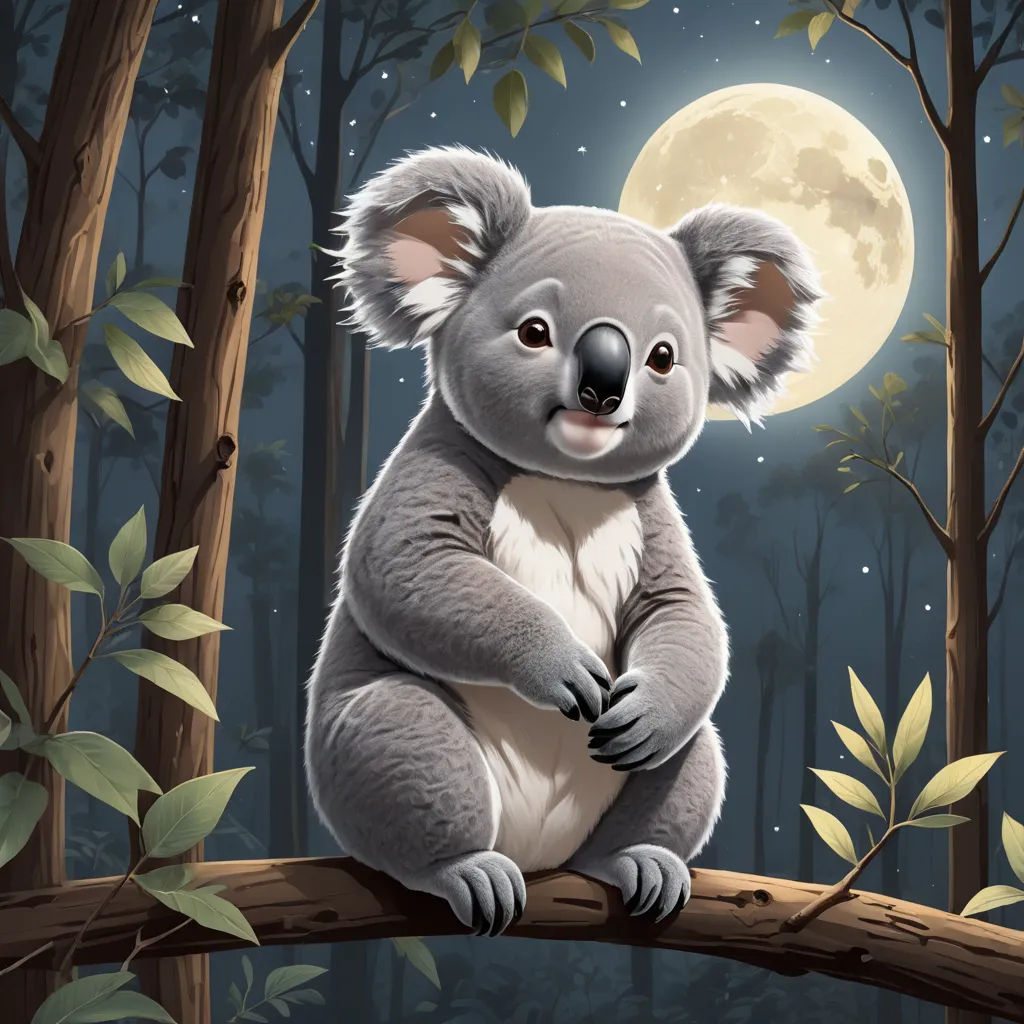 a koala sitting on a tree branch with a full moon in the background and leaves around it, with a full moon in the background, furry art, a storybook illustration, Chris LaBrooy, storybook illustration