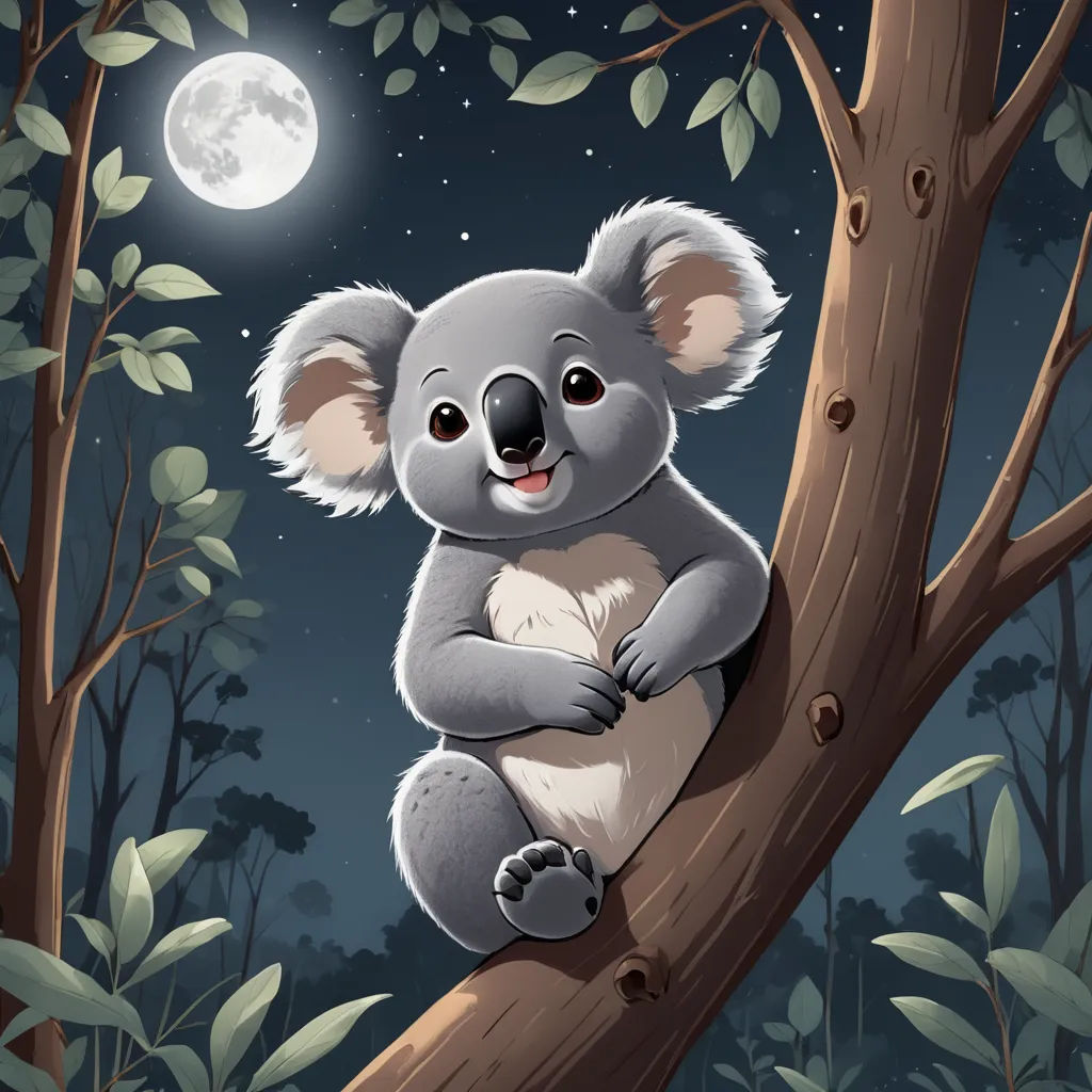 a koala bear sitting on a tree branch in the night time with the moon in the background and leaves on the ground, fantasy art, a storybook illustration, Aloysius O'Kelly, storybook illustration