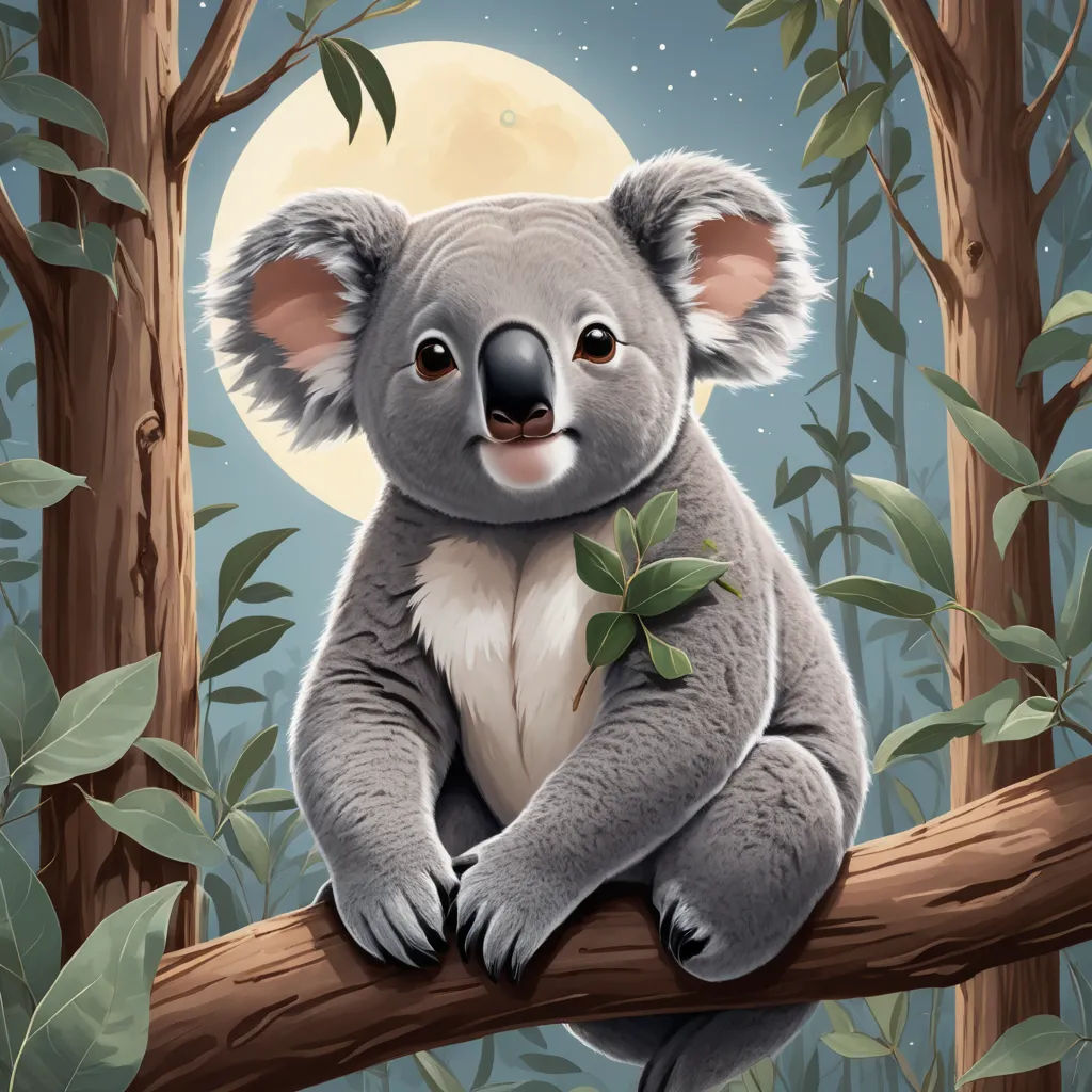 a koala sitting on a tree branch with a full moon in the background and leaves around it, with a full moon in the background, fantasy art, a storybook illustration, Chris LaBrooy, highly detailed digital painting