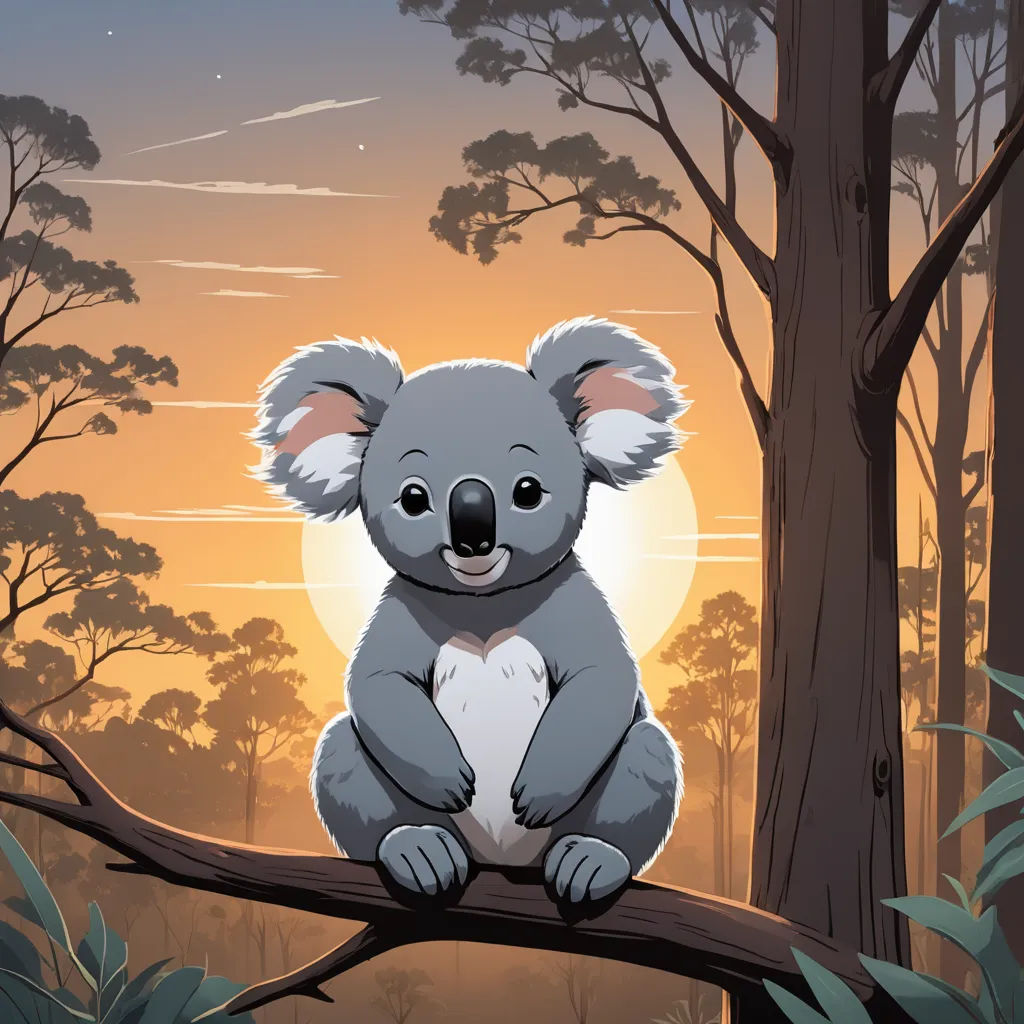 a koala sitting on a tree branch in the forest at sunset with the sun behind it and trees, sots art, a storybook illustration, Aloysius O'Kelly, official art