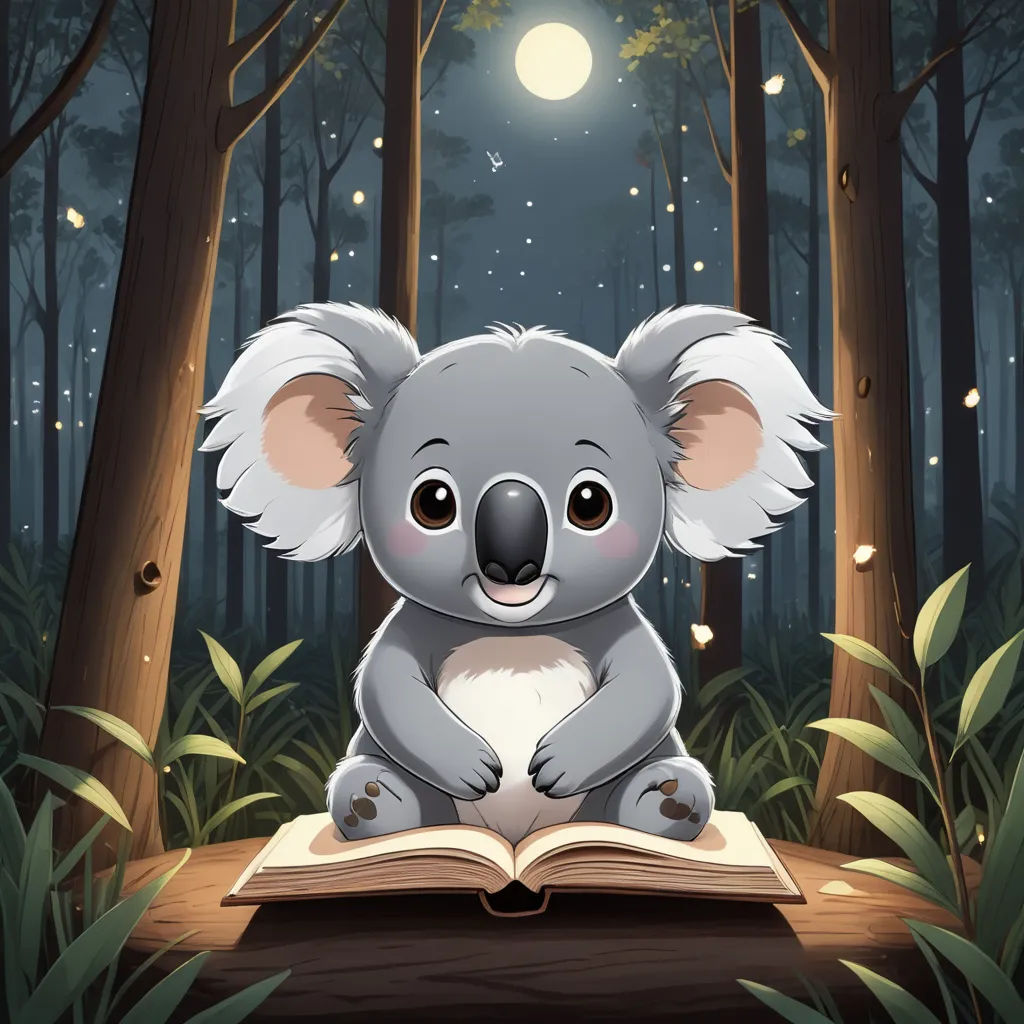a koala bear sitting on a book in the forest at night with a full moon in the background, fantasy art, a storybook illustration, Aloysius O'Kelly, storybook illustration