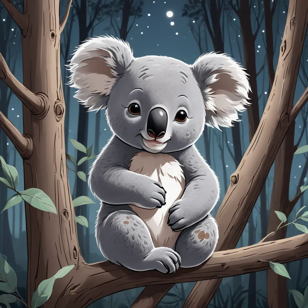 a koala bear sitting on a tree branch in the forest at night with stars and moon in the sky, fantasy art, a storybook illustration, Aloysius O'Kelly, storybook illustration