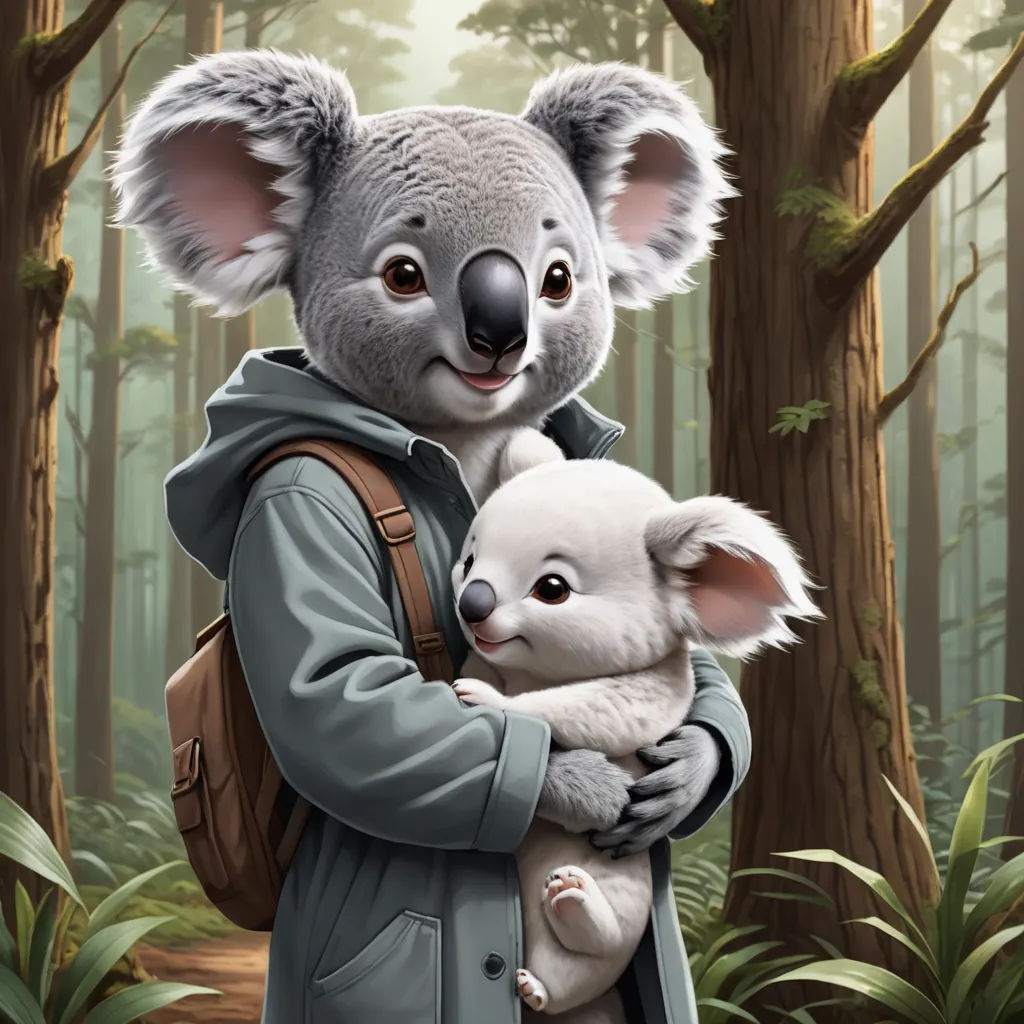 a man holding a baby koala in a forest with trees and foliage behind him and a koala bear on his back, furry art, a storybook illustration, Chris LaBrooy, key art