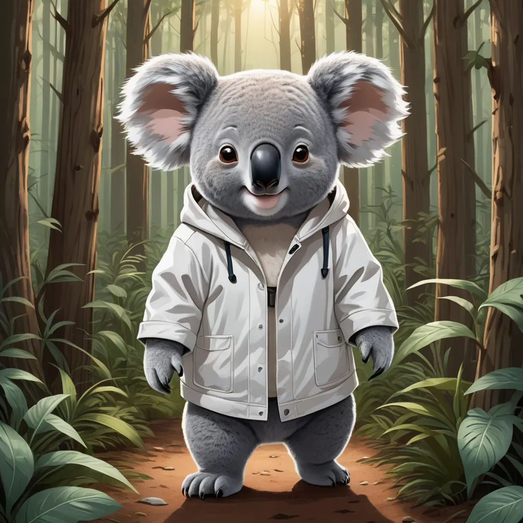 a koala bear in a white jacket standing in a forest with trees and leaves on the ground and a sun shining through the trees, furry art, a character portrait, Aloysius O'Kelly, character art