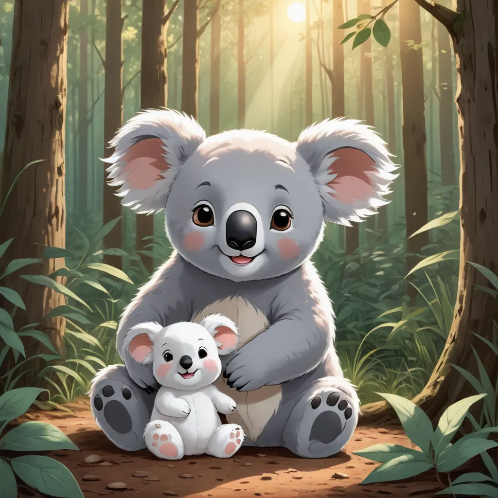 a koala and her baby in a forest with sunlight shining through the trees and leaves on the ground, furry art, a storybook illustration, Aloysius O'Kelly, official art