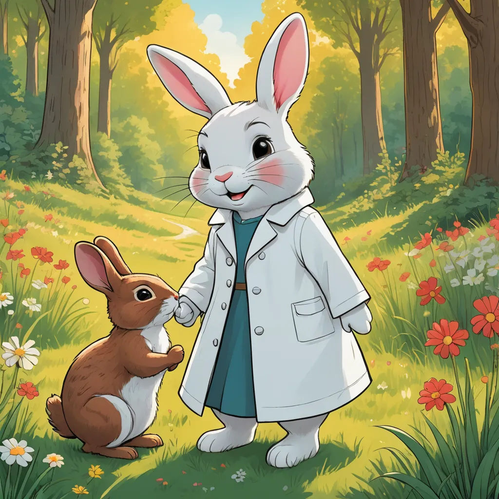 a rabbit and a rabbit in a field of flowers and trees with a person in a lab coat holding hands, furry art, a storybook illustration, Beatrix Potter, official art
