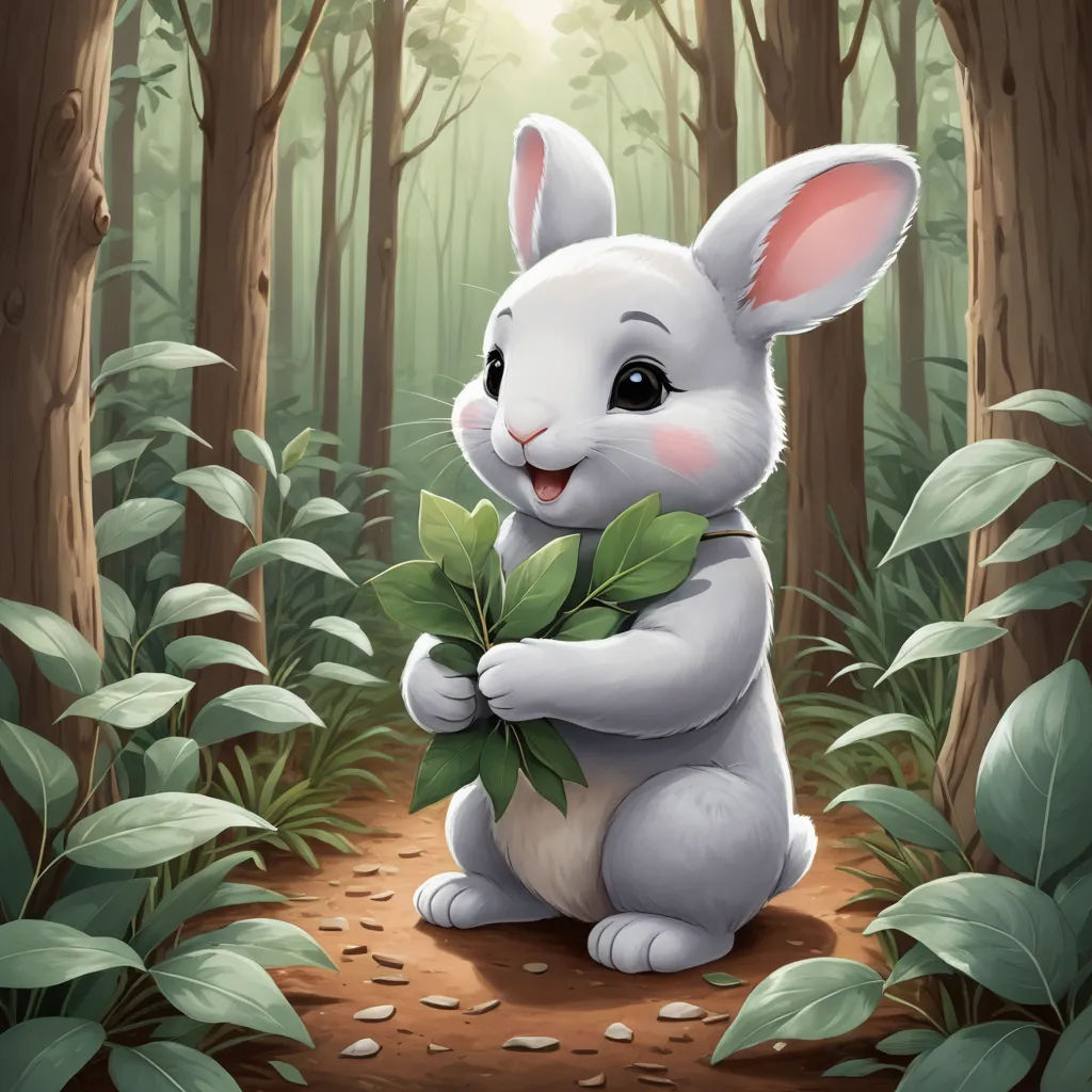 a white rabbit holding a leaf in a forest with sunlight coming through the trees and leaves on the ground, fantasy art, a storybook illustration, Chris Rallis, magic the gathering artwork