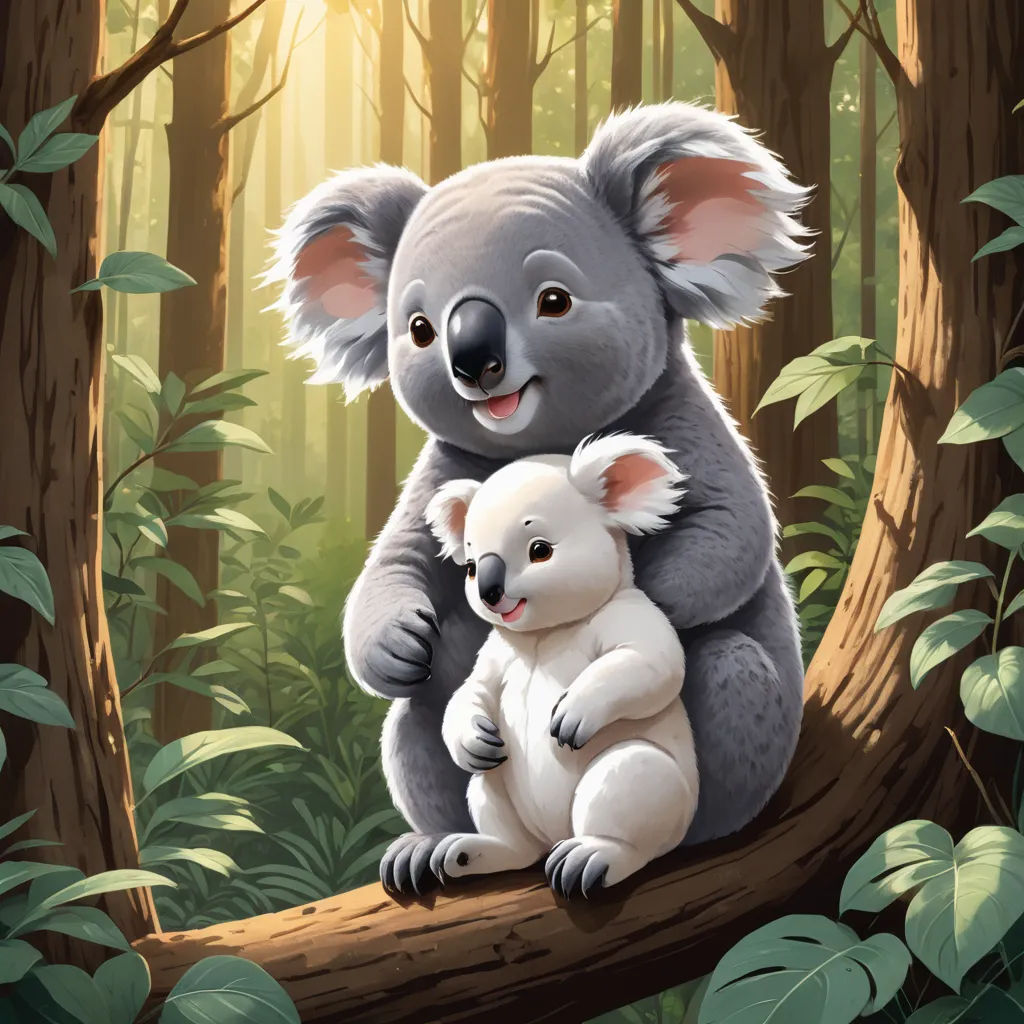 a koala and her baby sitting on a tree branch in the forest with sunlight shining through the trees, furry art, a storybook illustration, Aloysius O'Kelly, storybook illustration