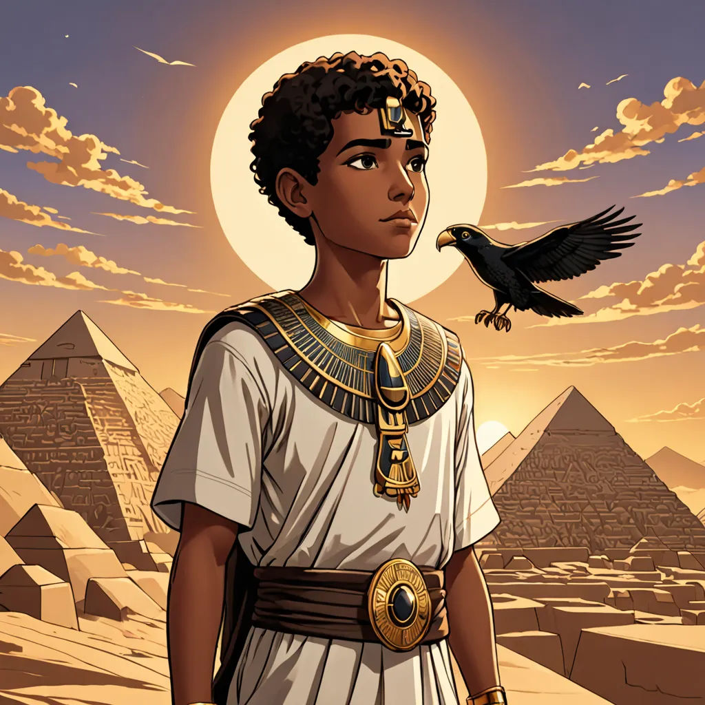 a man in a white shirt and a bird on his shoulder in front of a pyramid and a sun, afrofuturism, egyptian art, Cedric Seaut (Keos Masons), comic cover art