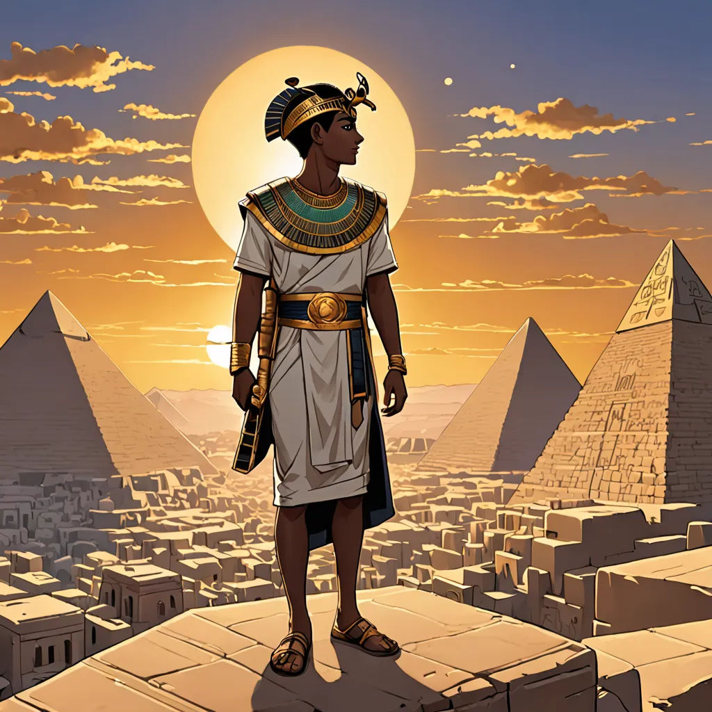 a man standing on a ledge in front of a sunset with pyramids in the background and a sun setting, afrofuturism, egyptian art, Asaf Hanuka, rossdraws global illumination