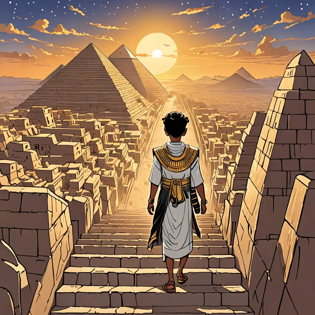 a man walking up some steps towards a pyramids at sunset with a sky background and a sun setting, afrofuturism, egyptian art, Asaf Hanuka, comic cover art