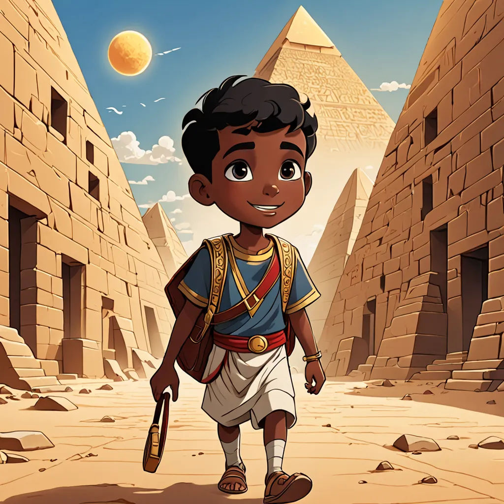a cartoon boy in a egyptian costume walking through a desert area with a pyramid in the background and a sun in the sky, afrofuturism, egyptian art, Asaf Hanuka, comic cover art