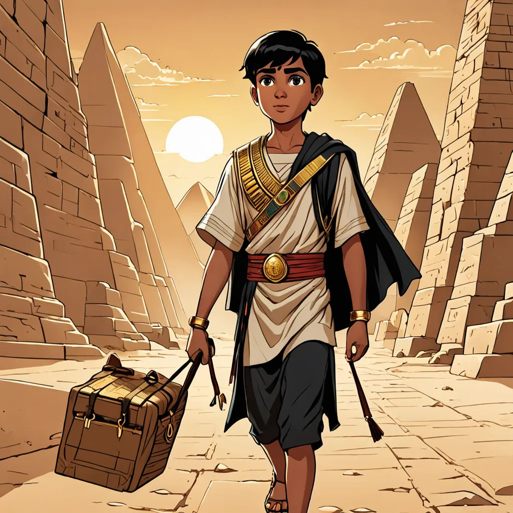a man in a costume carrying a suitcase and a briefcase in a desert setting with pyramids in the background, dau-al-set, egyptian art, Altoon Sultan, promotional image