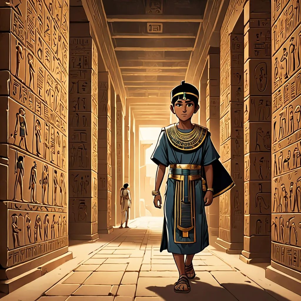 a man in a egyptian costume walking through a hallway with egyptian writing on the walls and a man in a turban, sots art, egyptian art, Asaf Hanuka, official art