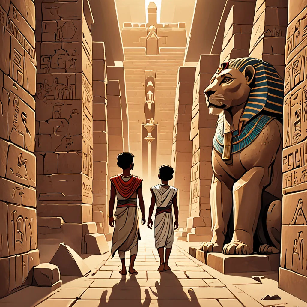 two people walking through a narrow alley between two large statues of egyptian gods and a lion on either side, afrofuturism, egyptian art, Asaf Hanuka, rossdraws global illumination