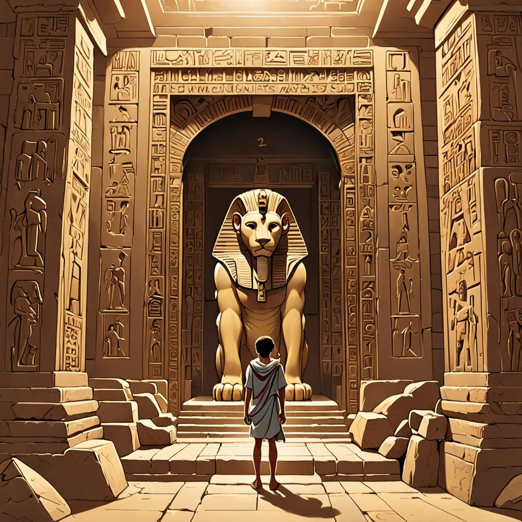 a boy standing in front of a large statue of an egyptian god and a sphinx on a building with a doorway, fantasy art, egyptian art, Drew Struzan, rossdraws global illumination
