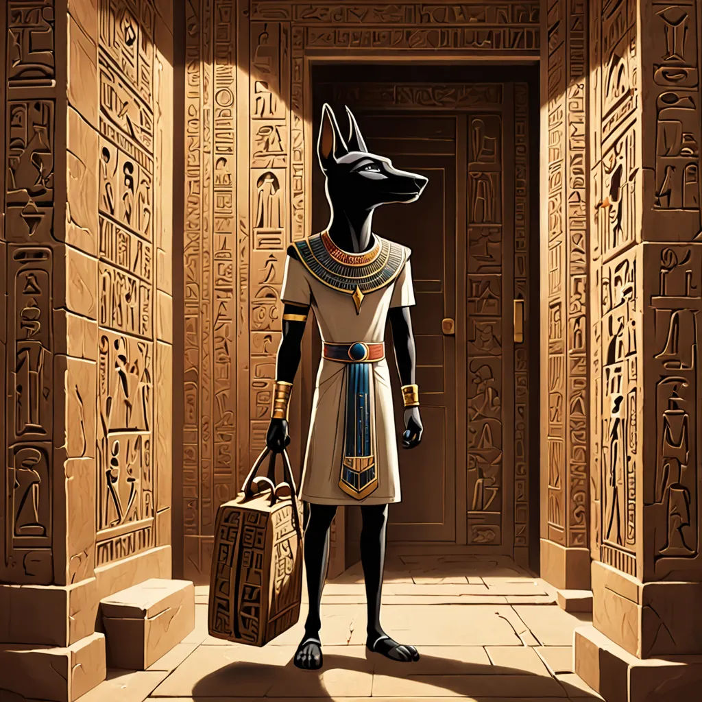 a painting of an egyptian man in a turban and a briefcase in front of a doorway with egyptian writing on it, furry art, egyptian art, Cedric Seaut (Keos Masons), promotional image