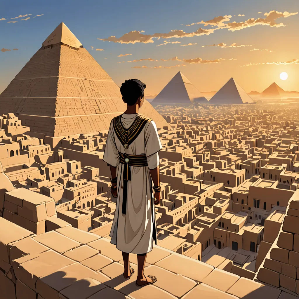 a person standing on a ledge in front of a pyramid and a city with a pyramid in the background, afrofuturism, egyptian art, Asaf Hanuka, matte painting
