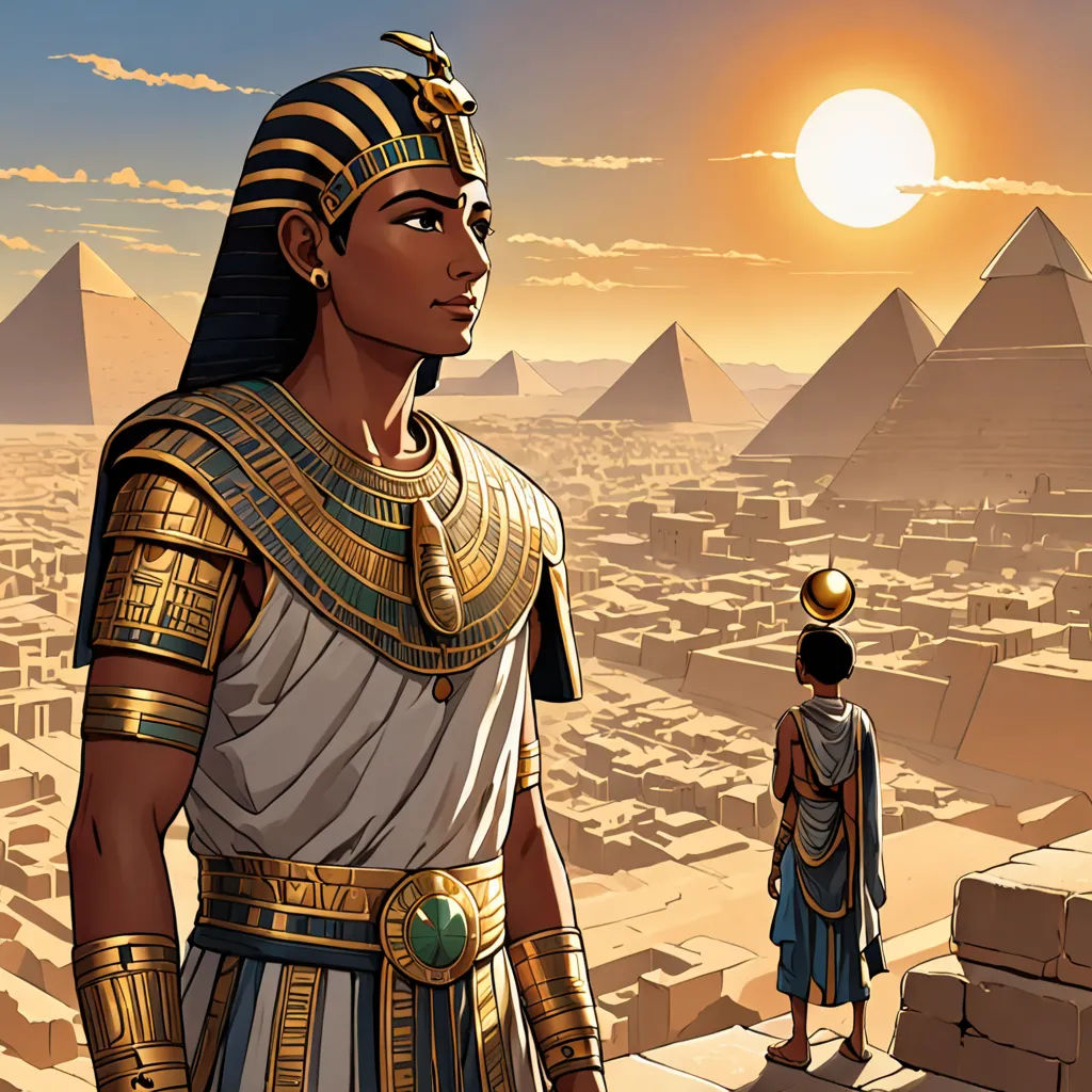 a man standing next to a woman in front of a pyramids and a city with a sun in the background, afrofuturism, egyptian art, Altoon Sultan, rossdraws global illumination