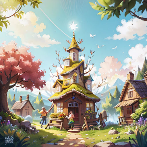 a painting of a small house with a green roof and a green roof and a green roof and a person sitting on a bench