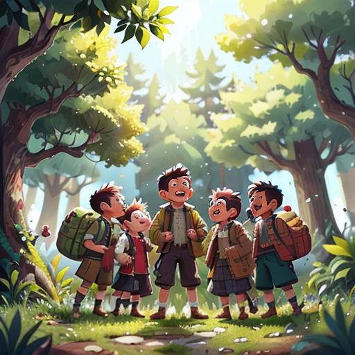 a group of children standing in the woods together, with backpacks on their backs and one boy holding a backpack
