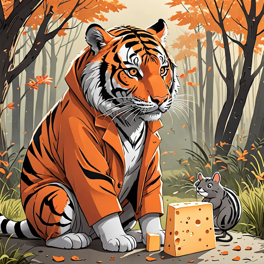 a tiger and a mouse are in the woods together, one is eating cheese from a block of cheese, furry art, a storybook illustration, Dan Mumford, orange