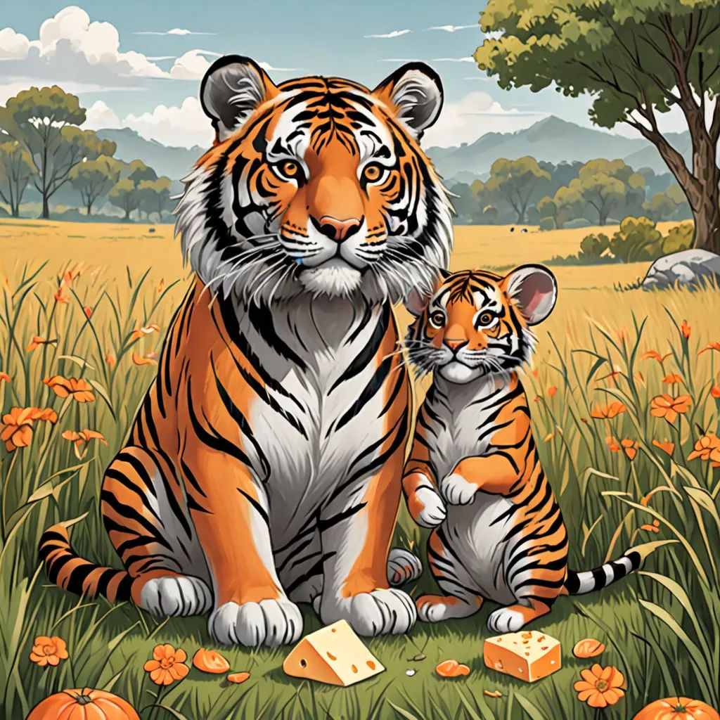 a tiger and her cub sitting in a field of flowers and pumpkins with a sky background and trees, furry art, a storybook illustration, Brothers Hildebrandt, orange