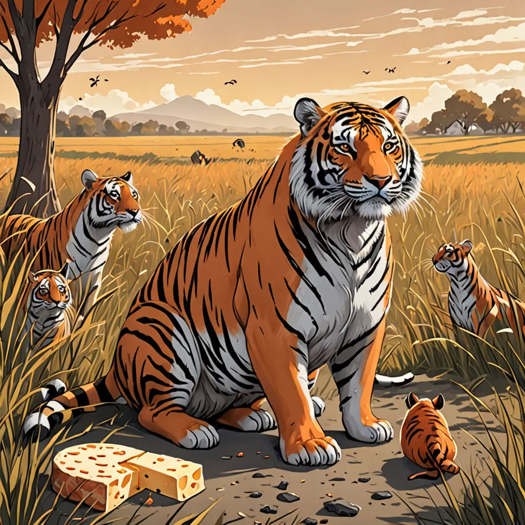 a painting of a tiger family in a field with a tree and a cheese board in the foreground, furry art, a storybook illustration, Chris LaBrooy, furaffinity
