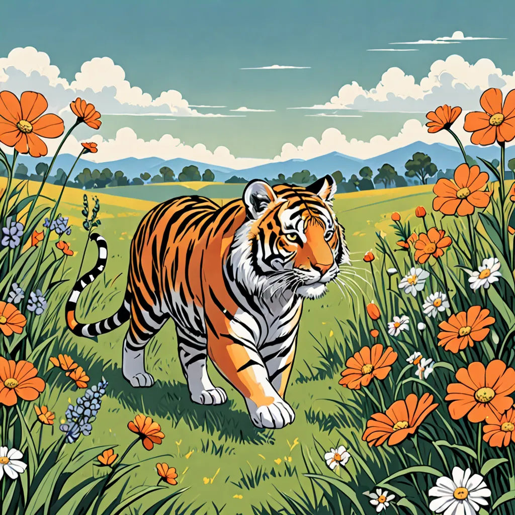 a tiger walking through a field of flowers and grass with mountains in the background and clouds in the sky, furry art, a storybook illustration, Chris LaBrooy, official art