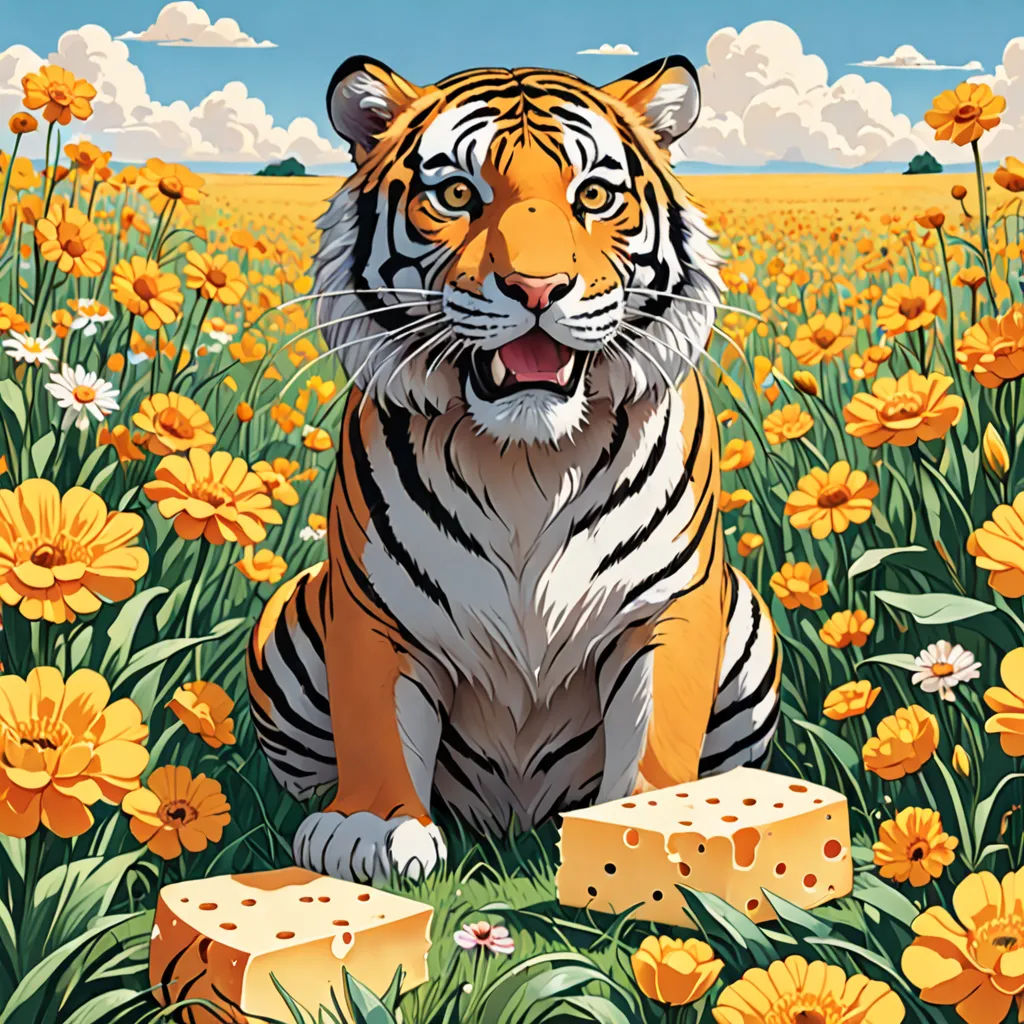 a tiger sitting in a field of flowers with a block of cheese in front of it's mouth, furry art, a storybook illustration, Chris LaBrooy, rossdraws global illumination