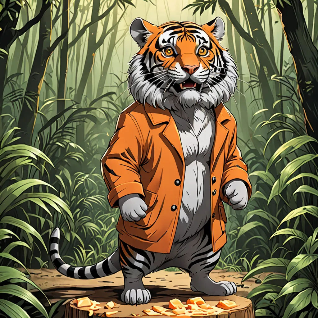 a tiger in a jacket standing on a log in a jungle with a background of trees and leaves and a forest floor, furry art, a character portrait, Chris LaBrooy, official art