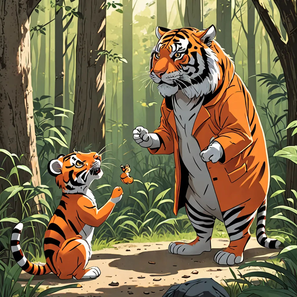 a tiger and a tiger cub in a forest with trees and rocks, one of the two are facing each other, bengal school of art, a storybook illustration, Asaf Hanuka, official art