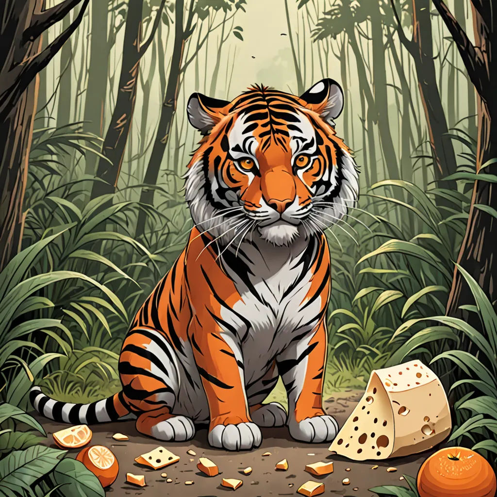 a tiger sitting in the middle of a forest with cheese on the ground and a piece of cheese on the ground, furry art, a storybook illustration, Dan Mumford, orange