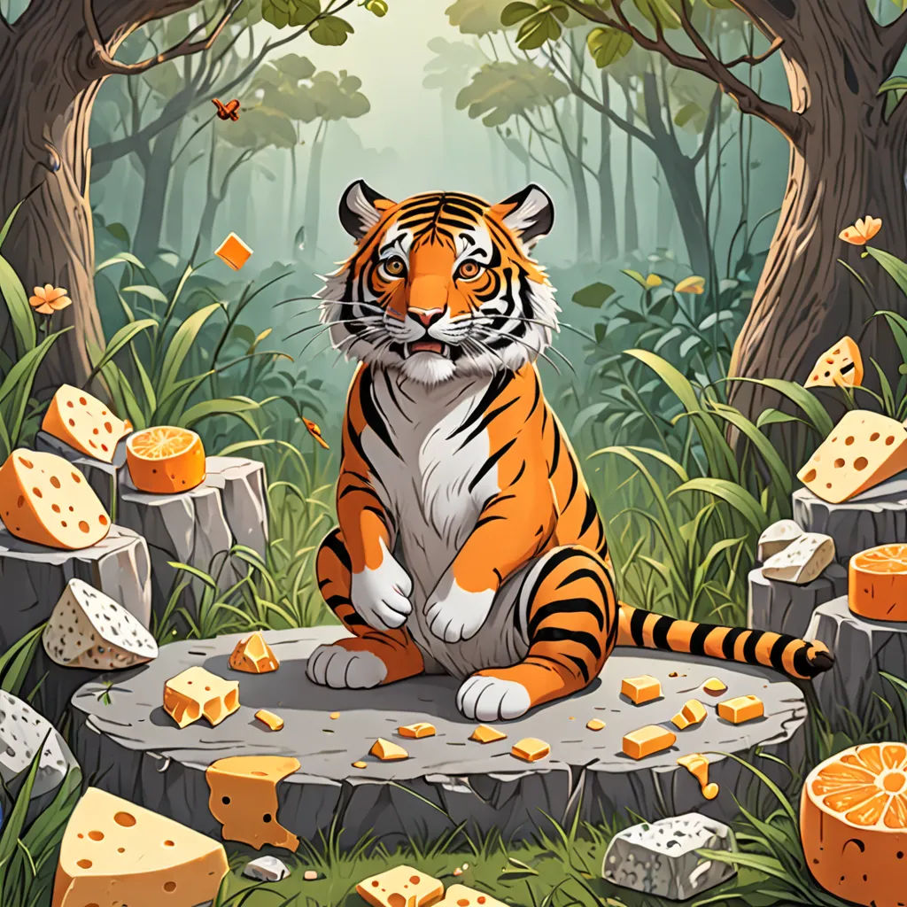 a tiger sitting on a rock surrounded by cheeses and cheese slices in a forest setting with trees and leaves, furry art, a storybook illustration, Chris LaBrooy, furaffinity