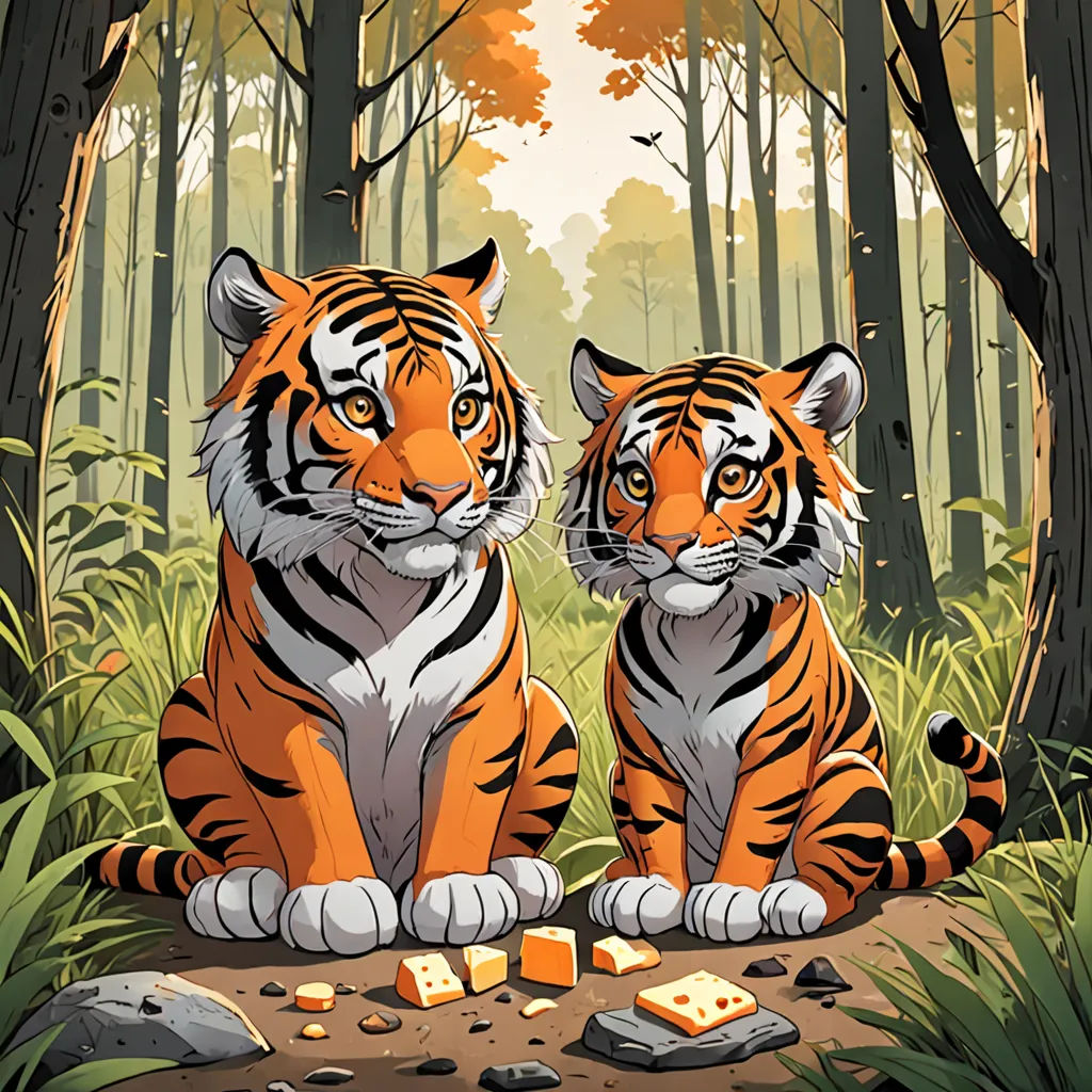 two tigers sitting in the woods with a piece of cheese in front of them, with trees in the background, furry art, a storybook illustration, Dan Mumford, rossdraws global illumination