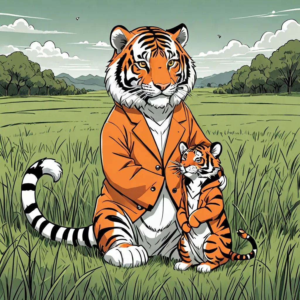 a tiger and a baby tiger sitting in a field of grass with trees in the background and a sky with clouds, furry art, a storybook illustration, Asaf Hanuka, orange