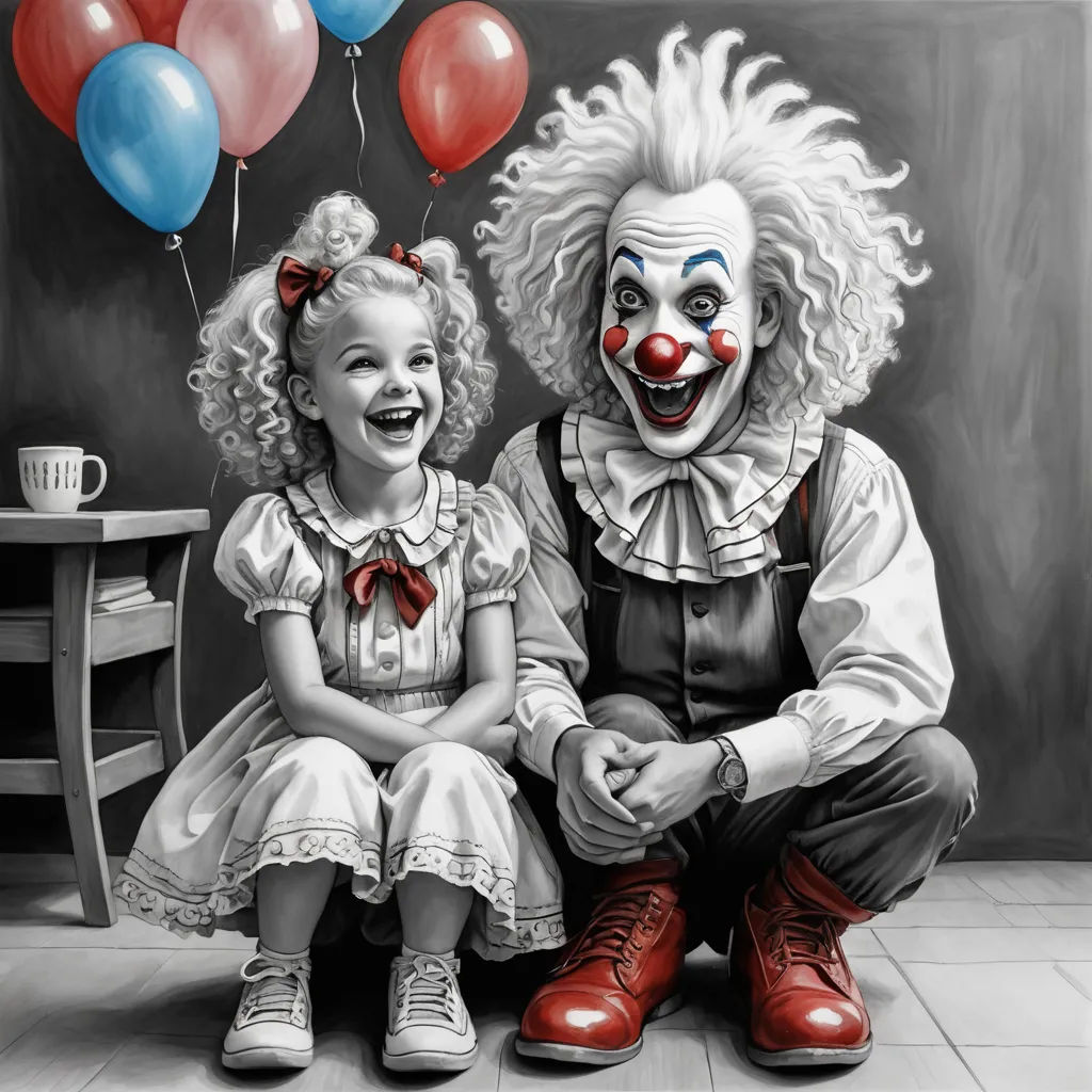 a painting of a couple of clowns sitting next to each other on a table with balloons in the background, pop surrealism, an ultrafine detailed painting, Bob Byerley, highly detailed digital painting